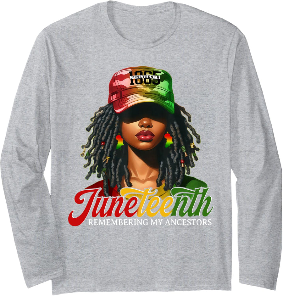 Juneteenth Tshirt Women Loc'd Hair Remebering My Ancestors Long Sleeve T-Shirt - Adult Unisex Heather Grey