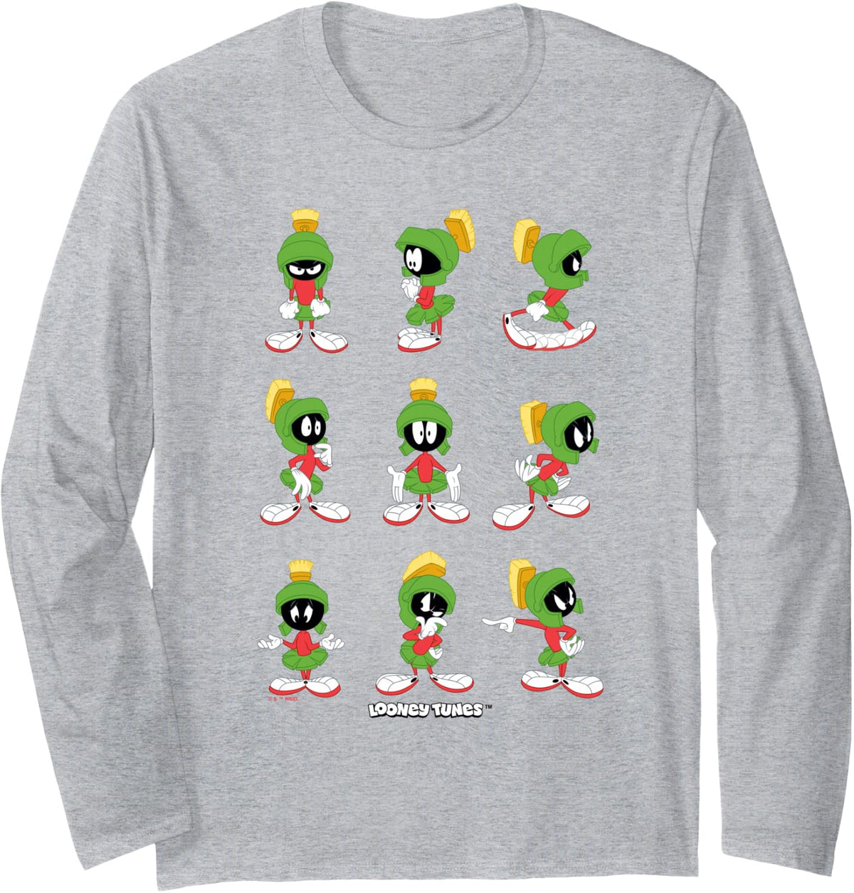 Looney Tunes Marvin the Martian Character Poses Long Sleeve T-Shirt - Adult Unisex Heather Grey