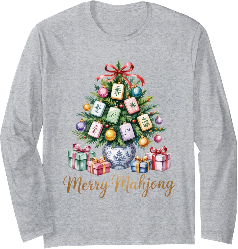 Merry Mahjong Christmas Tree Design for Game Lovers Long Sleeve T-Shirt - Adult Unisex Heather Grey