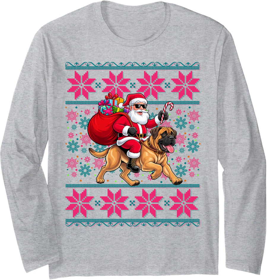 Ugly Christmas Women Girls Santa Riding Mastiff Dog Xmas Long Sleeve T-Shirt - Adult Unisex Heather Grey
