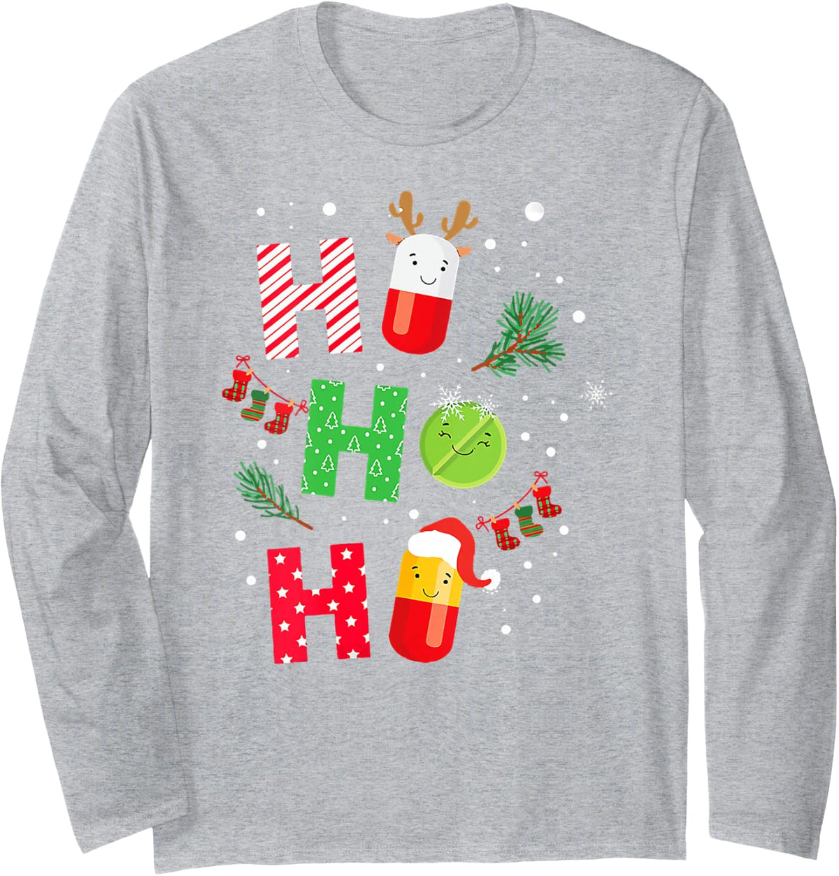 Pharmacist Pharmacy Tech Funny Ho Ho Ho Christmas Long Sleeve T-Shirt - Adult Unisex Heather Grey