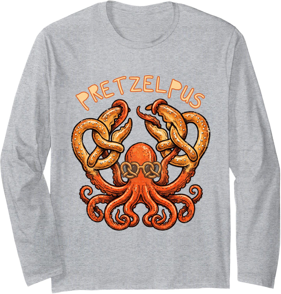 Cute Octopus with German Pretzel Funny Long Sleeve T-Shirt - Adult Unisex Heather Grey