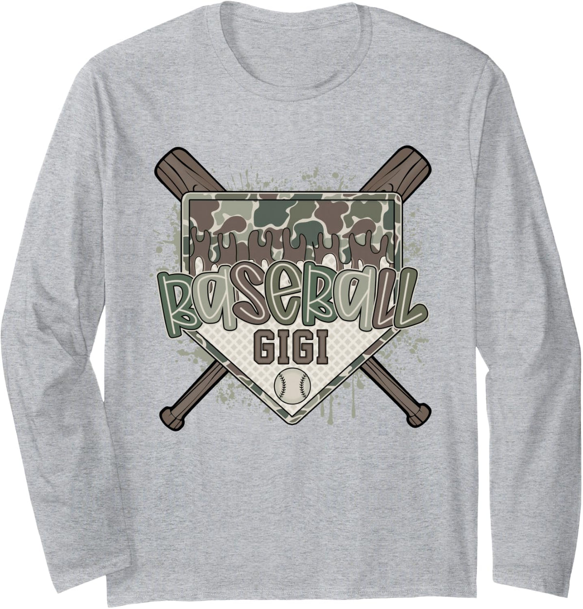 Baseball Gigi Camo Drip Mother's Day Baseball Mom Game Day Long Sleeve T-Shirt - Adult Unisex Heather Grey