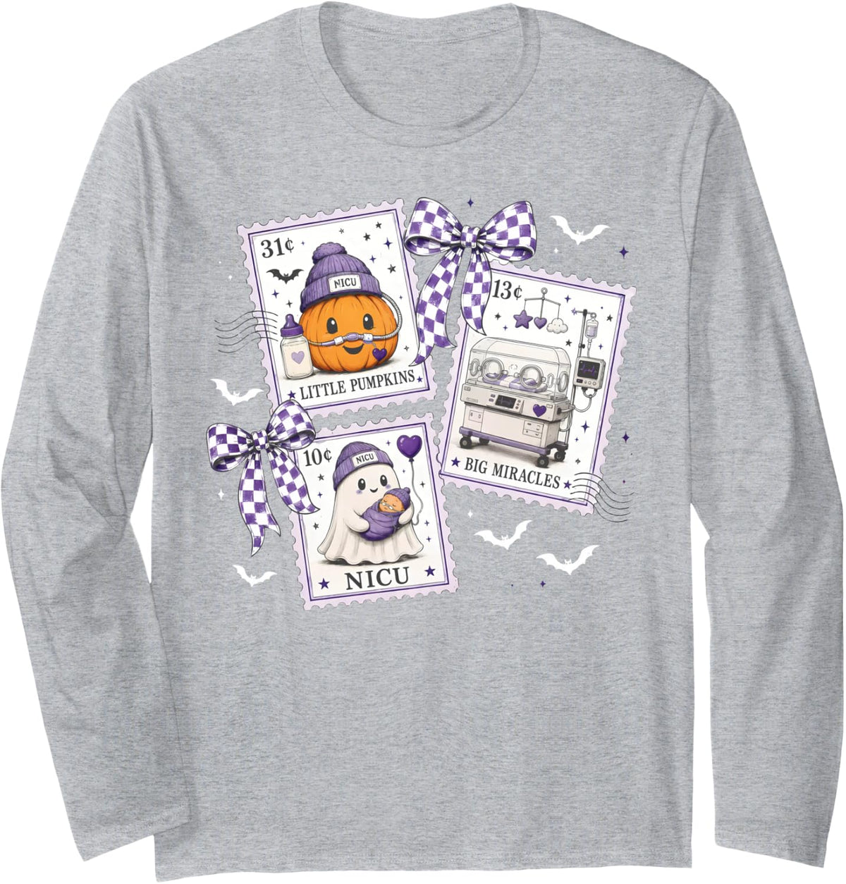 Stamp Cute Ghost Pumpkin NICU Nurse Neonatal ICU Halloween Long Sleeve T-Shirt - Adult Unisex Heather Grey