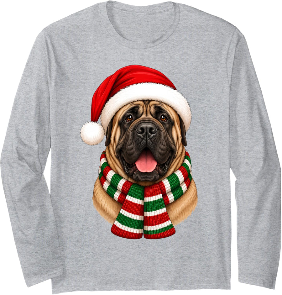 Mastiff Dog Christmas Santa Hat Scarf Festive Mastiff Xmas Long Sleeve T-Shirt - Adult Unisex Heather Grey