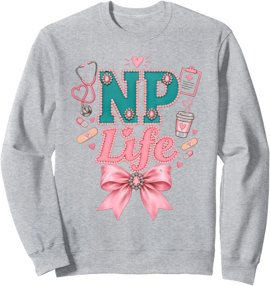 NP Life Coquette Pink Bow Nurse Practitioner Sweatshirt - Adult Unisex Heather Grey