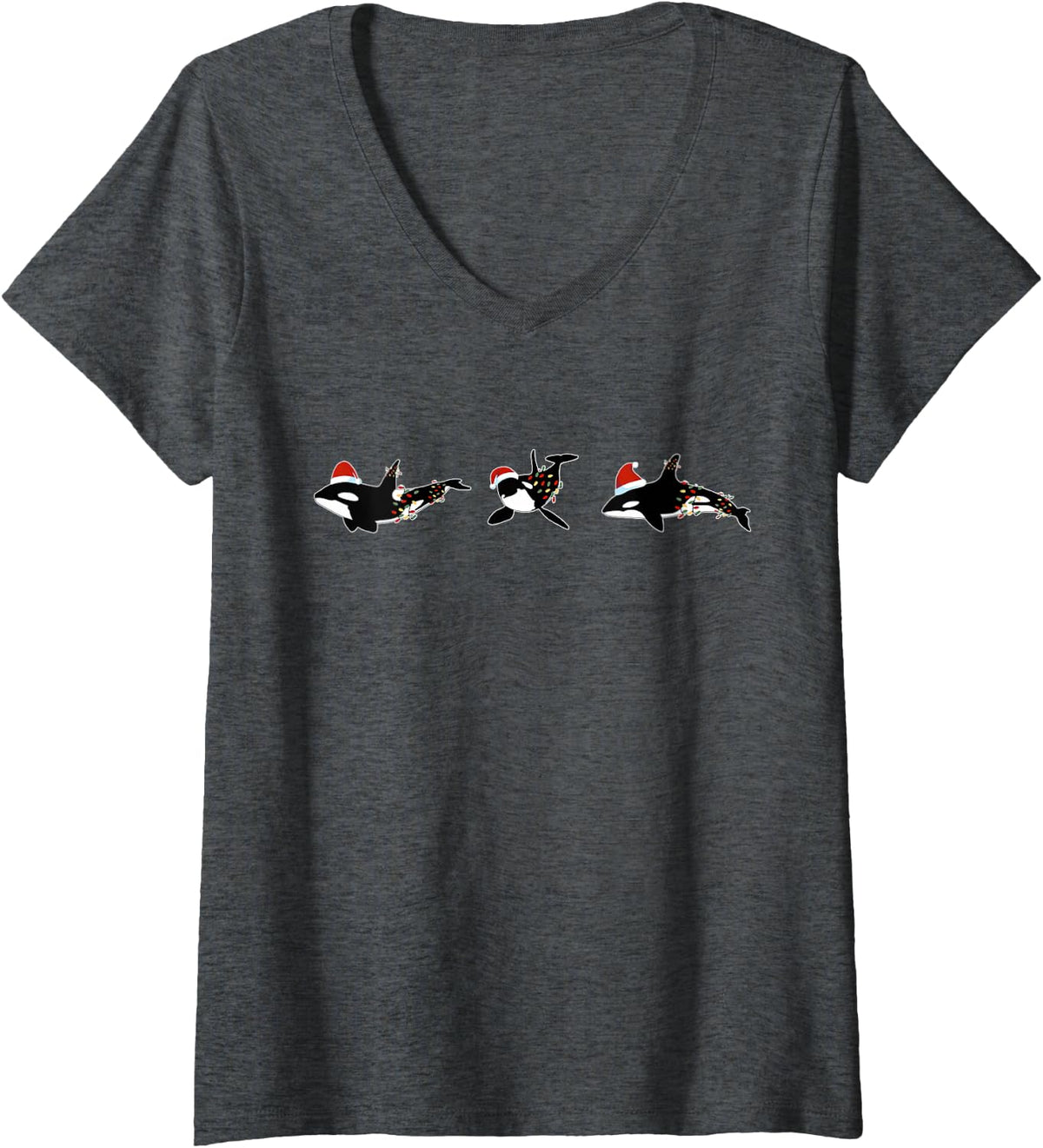 Women's Orca Whale Santa Hat Christmas Marine Biology Killer Whale V-Neck T-Shirt - Dark Heather Grey