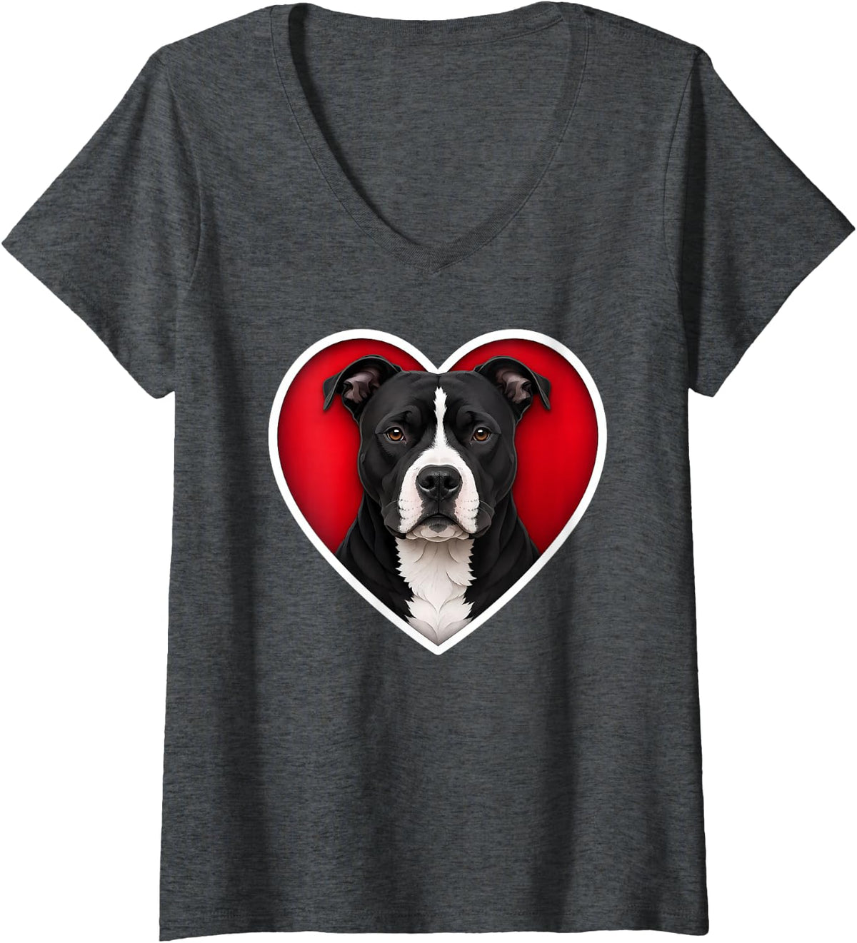 Women's American Staffordshire Terrier Black and White Amstaff Heart V-Neck T-Shirt - Dark Heather Grey