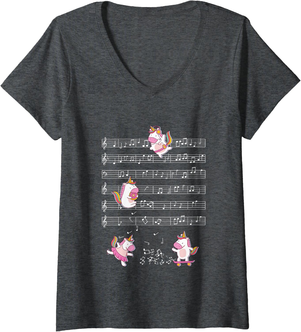 Women's Cute Unicorns Playing Music Note Clef Musician Art V-Neck T-Shirt - Dark Heather Grey