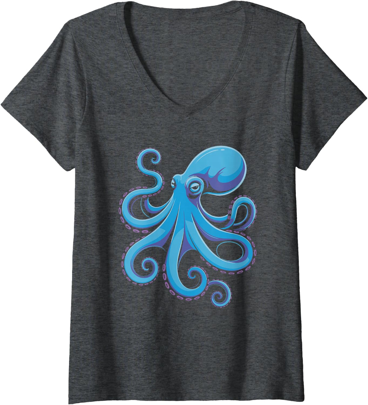 Women's Vivid Blue Octopus Nautical Artwork V-Neck T-Shirt - Dark Heather Grey