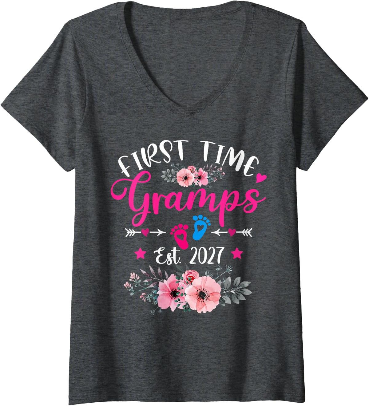 Women's First Time Gramps Est 2027 Soon to Be Mom Mother's Heart V-Neck T-Shirt - Dark Heather Grey