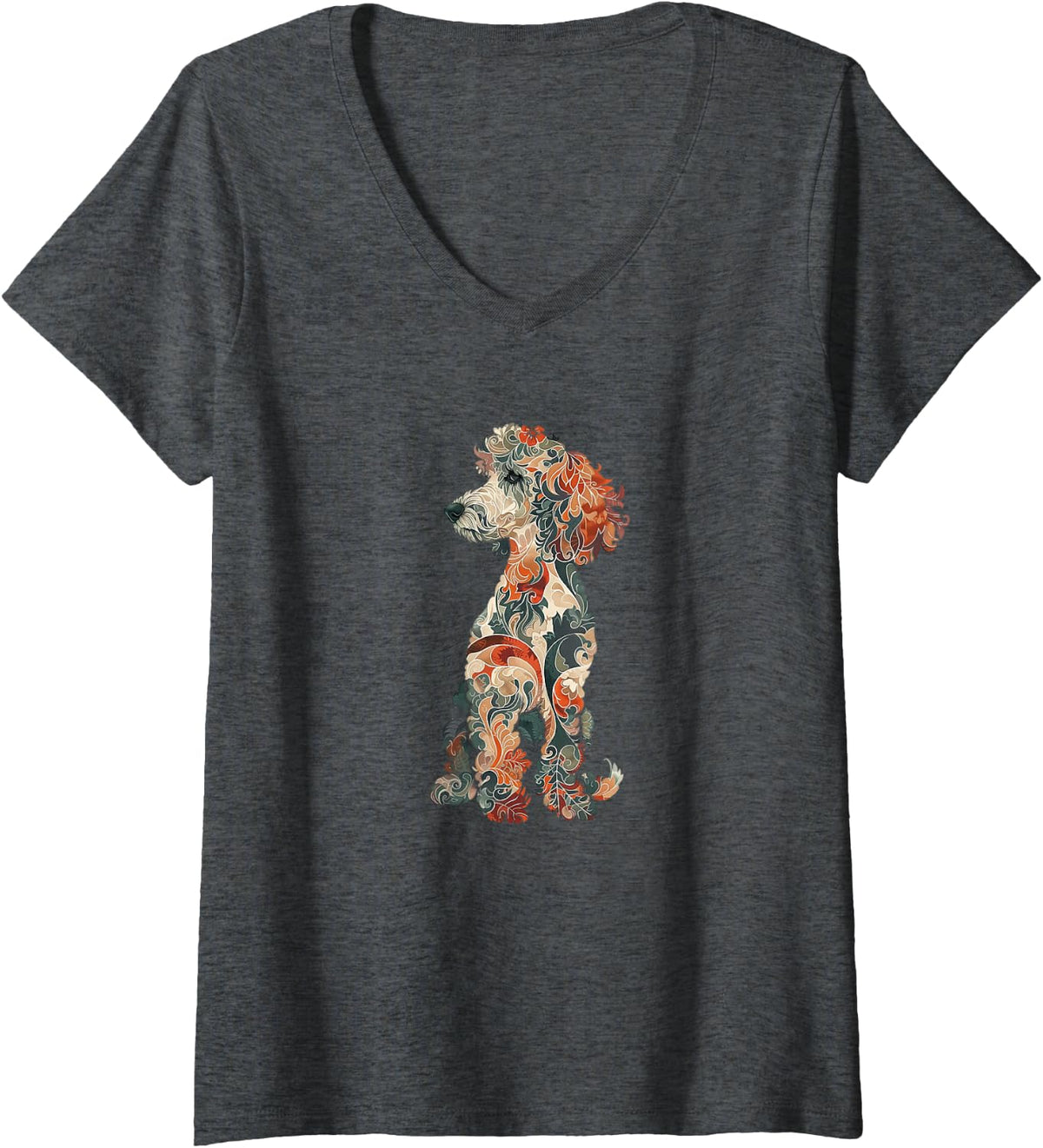 Women's Womens & Girls Multicolored Cute Folk Art Poodle Lover V-Neck T-Shirt - Dark Heather Grey