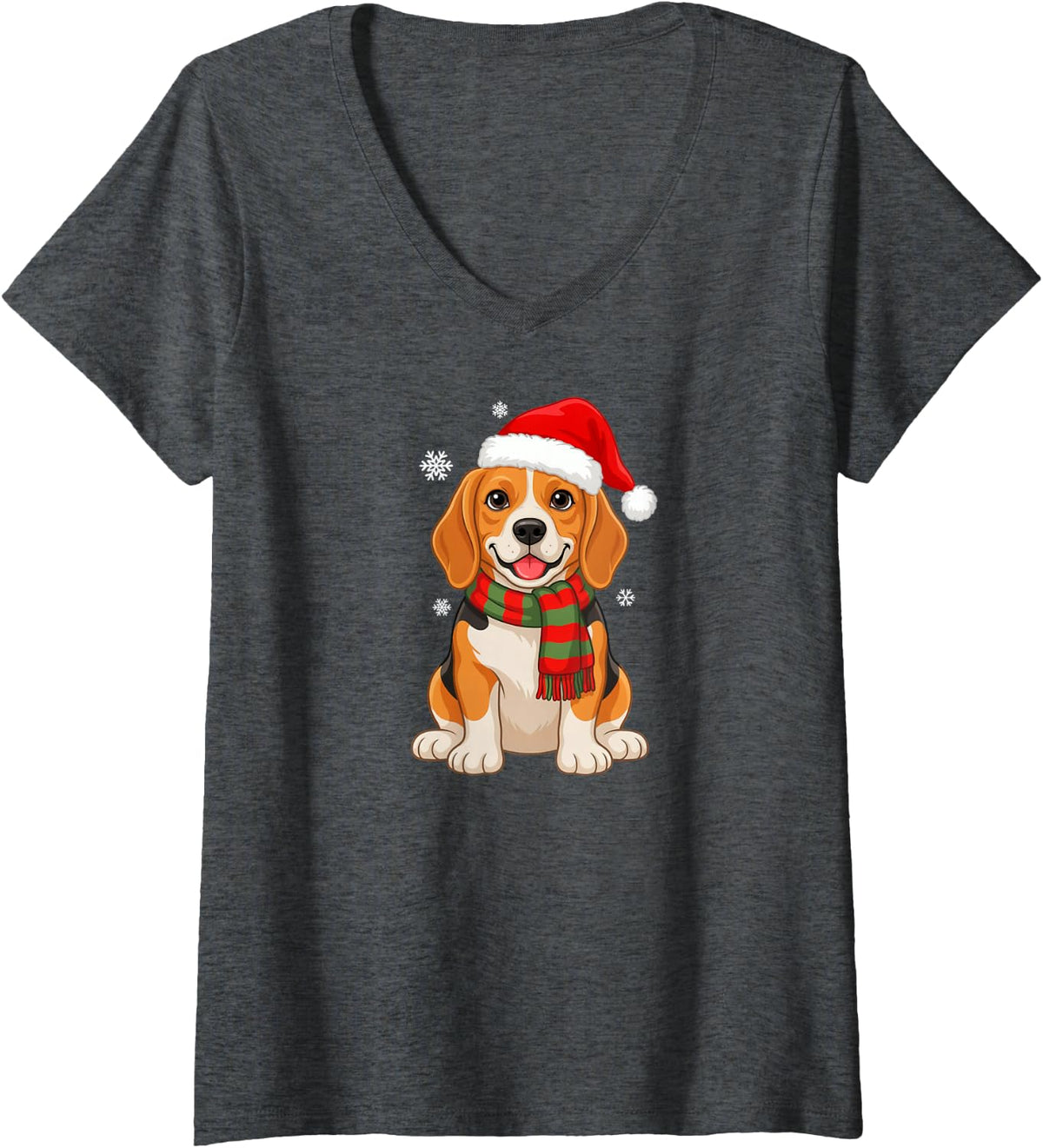 Women's Beagle Holiday Santa Hat Scarf Snowflake Cheer V-Neck T-Shirt - Dark Heather Grey