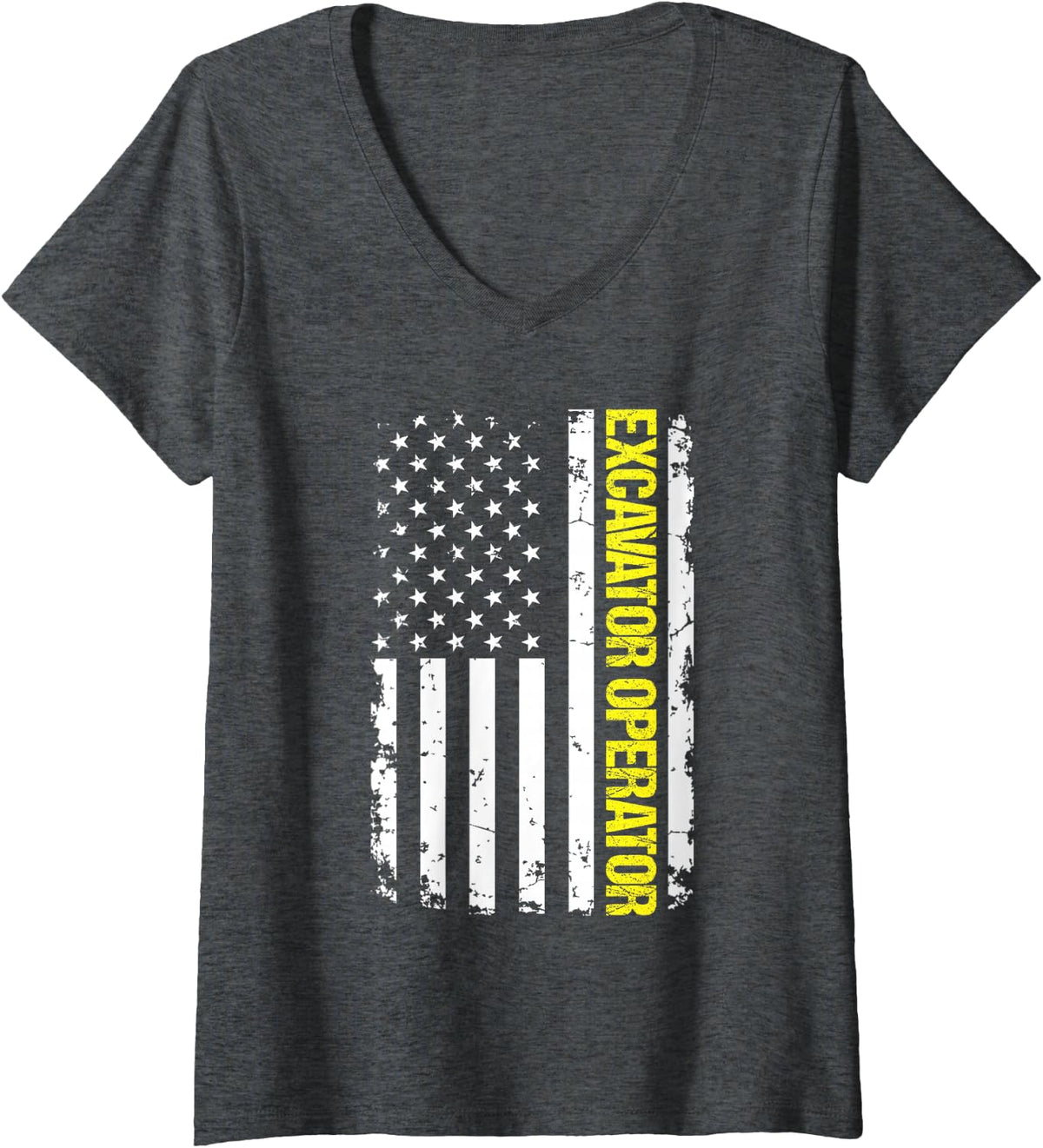 Women's Excavator Operator USA Flag V-Neck T-Shirt - Dark Heather Grey
