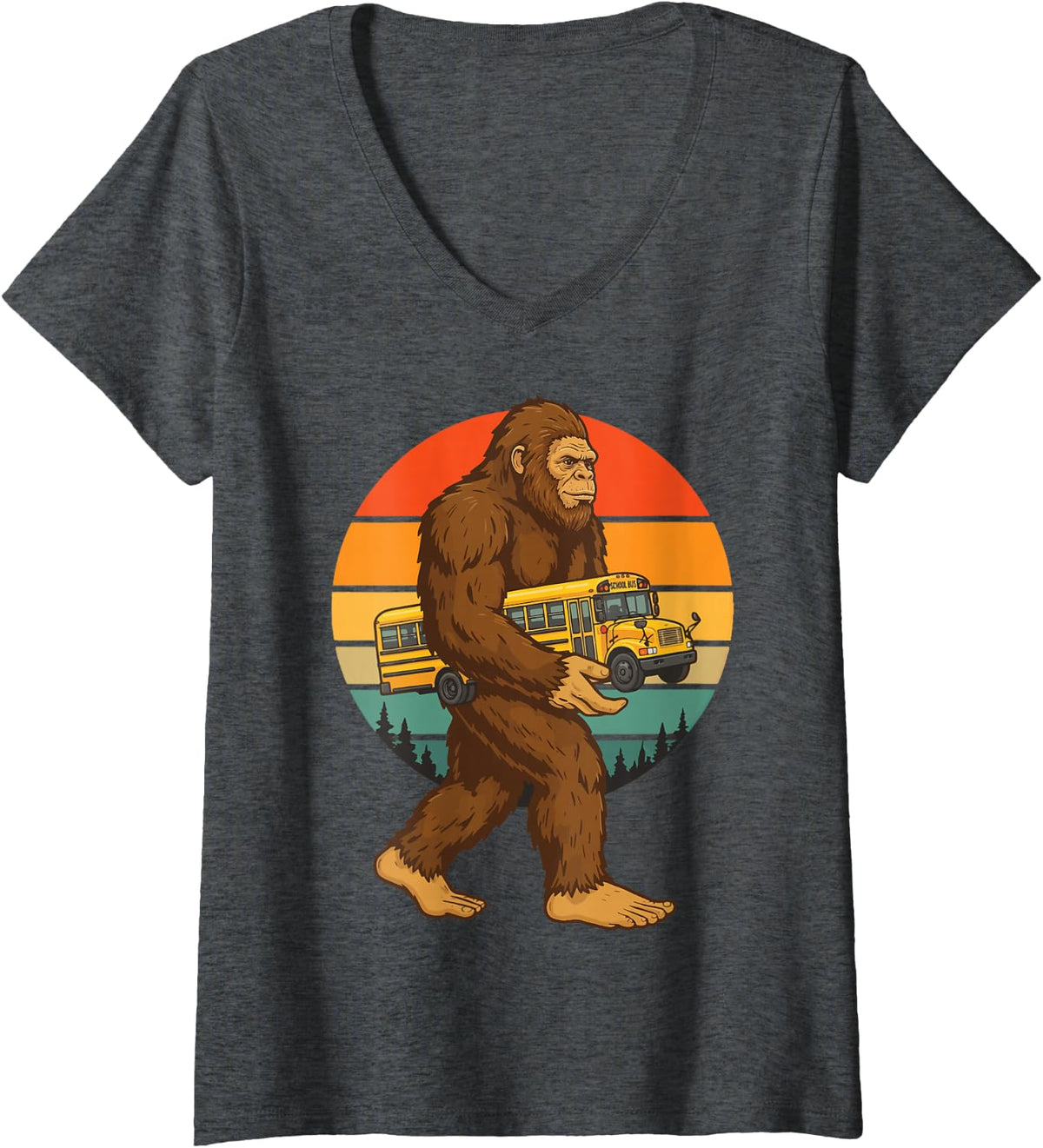 Women's Bigfoot School Bus V-Neck T-Shirt - Dark Heather Grey
