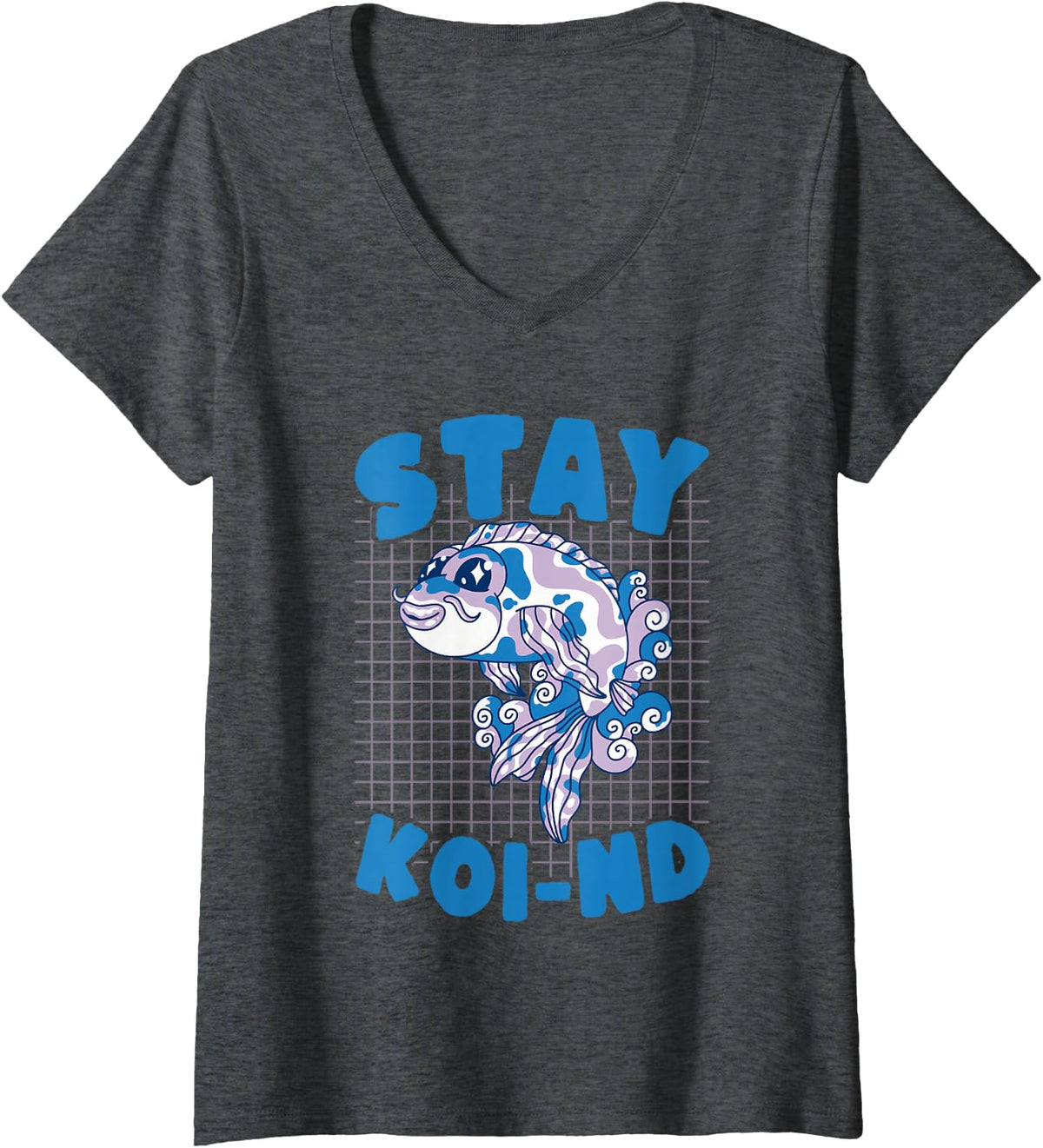Women's Stay Koi-nd Cute Fish Pun Kindness Lover Design V-Neck T-Shirt - Dark Heather Grey
