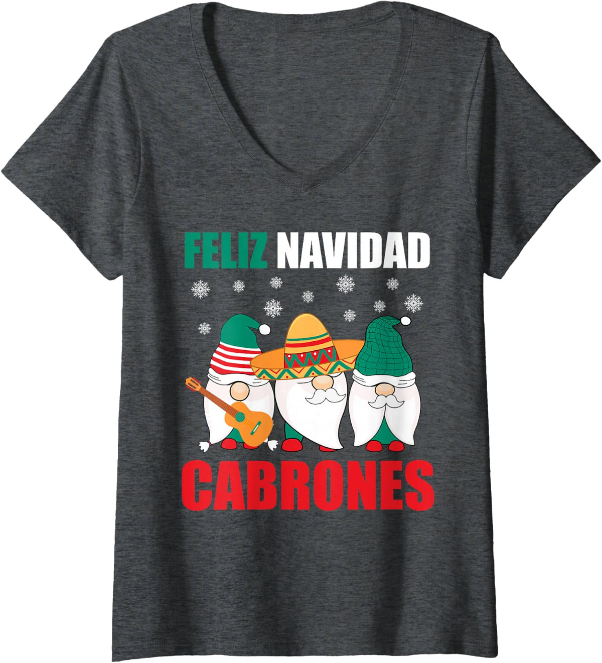Women's Funny Mexican Christmas Gnomes Feliz Navidad Cabrones Mexico V-Neck T-Shirt - Dark Heather Grey