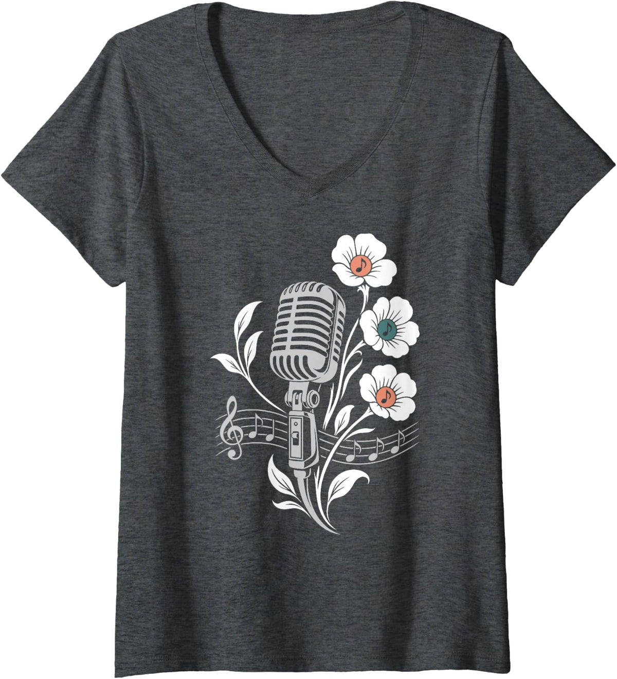Women's Microphone with Flowers for Singers Musicians and Music Fans V-Neck T-Shirt - Dark Heather Grey