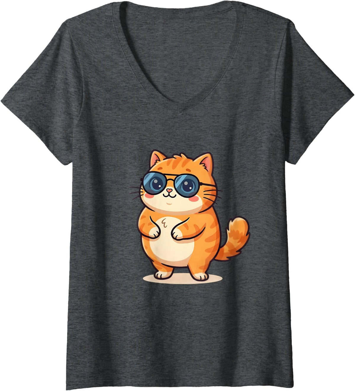 Women's Chubby Orange Tabby Cat Sunglasses Kawaii Ginger Kitten V-Neck T-Shirt - Dark Heather Grey