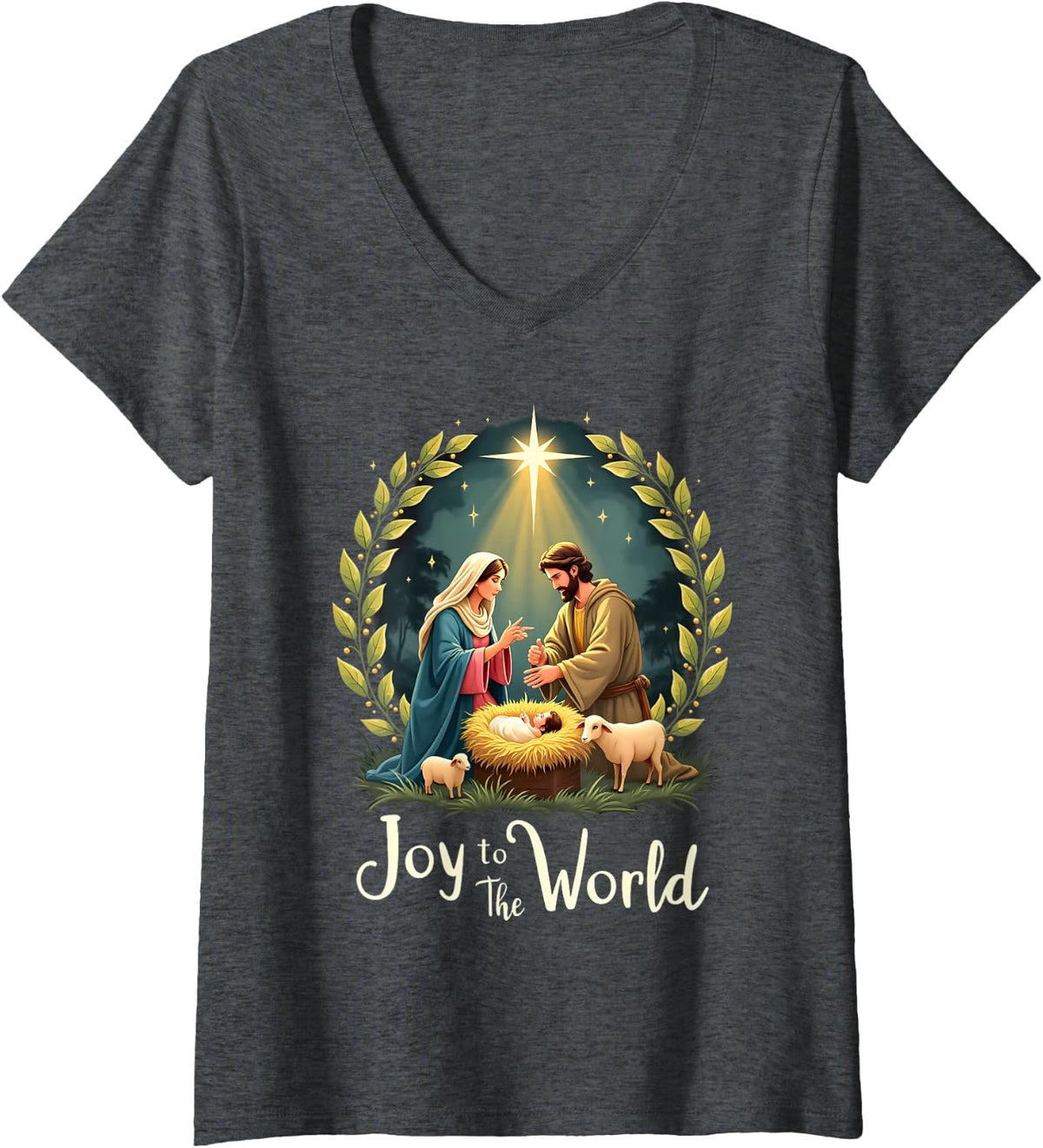 Women's Joy to The World Nativity Christian Birth of Jesus Christmas V-Neck T-Shirt - Dark Heather Grey