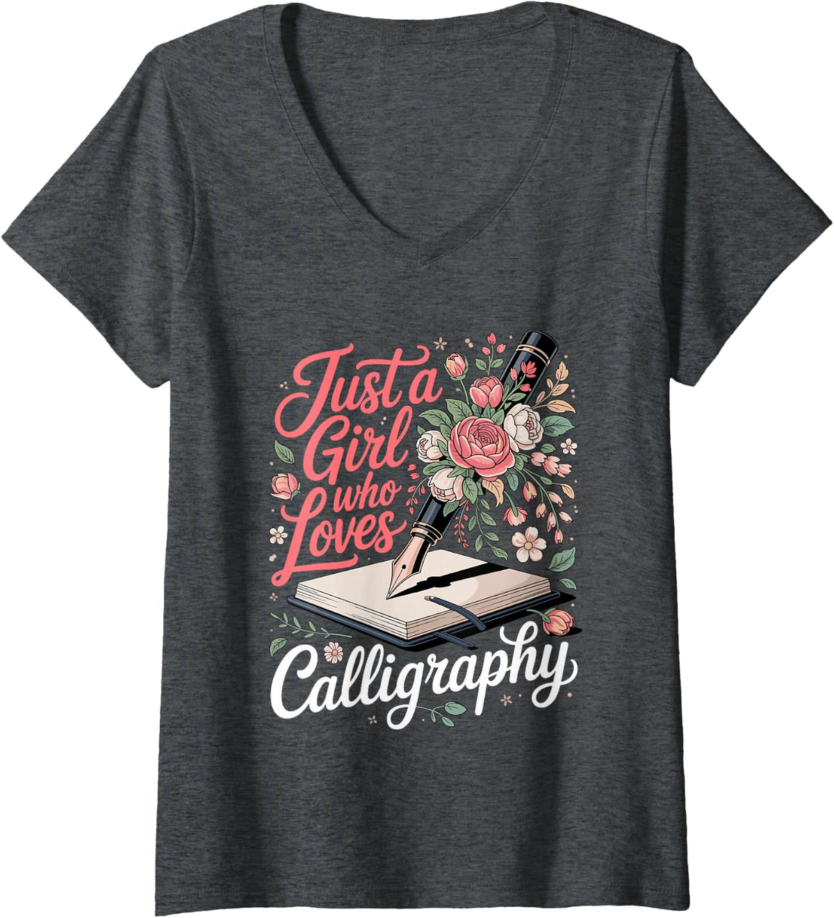 Women's Just a Girl Who Loves Calligraphy Lettering Ink V-Neck T-Shirt - Dark Heather Grey