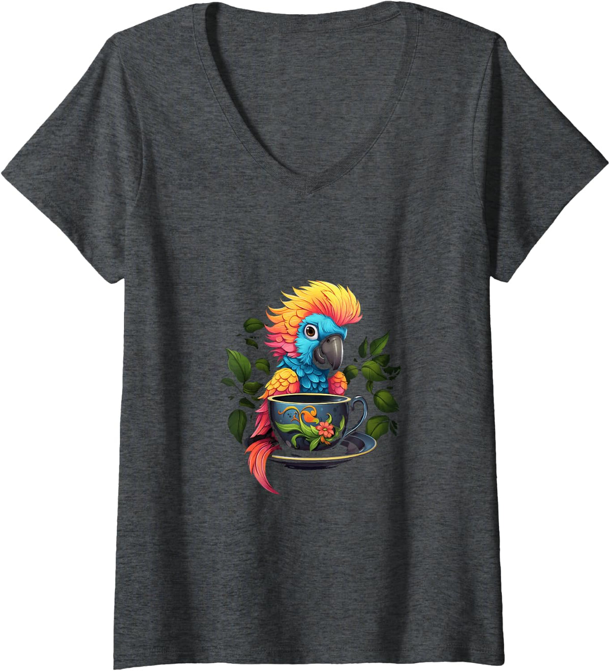 Women's Parrot Tea Cup Bird Tea Drinking V-Neck T-Shirt - Dark Heather Grey