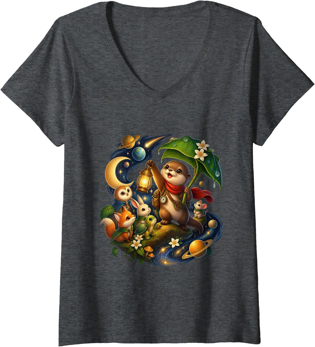 Women's Otter Pup Cosmic Lantern Friends V-Neck T-Shirt - Dark Heather Grey