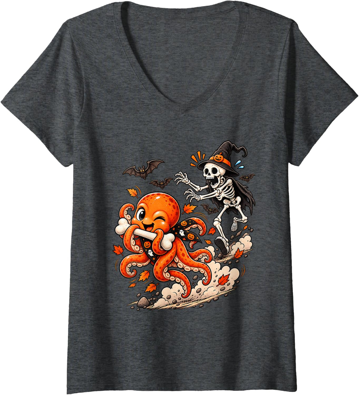 Women's Funny Octopus Chased by Witch Skeleton Halloween Men Women V-Neck T-Shirt - Dark Heather Grey