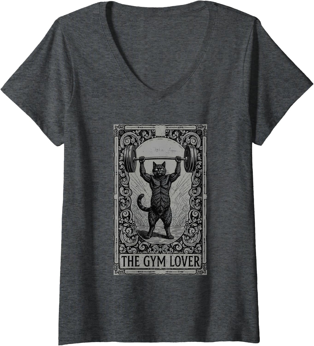 Women's The Gym Lover Tarot Card Cat Lifting Weight Grunge V-Neck T-Shirt - Dark Heather Grey