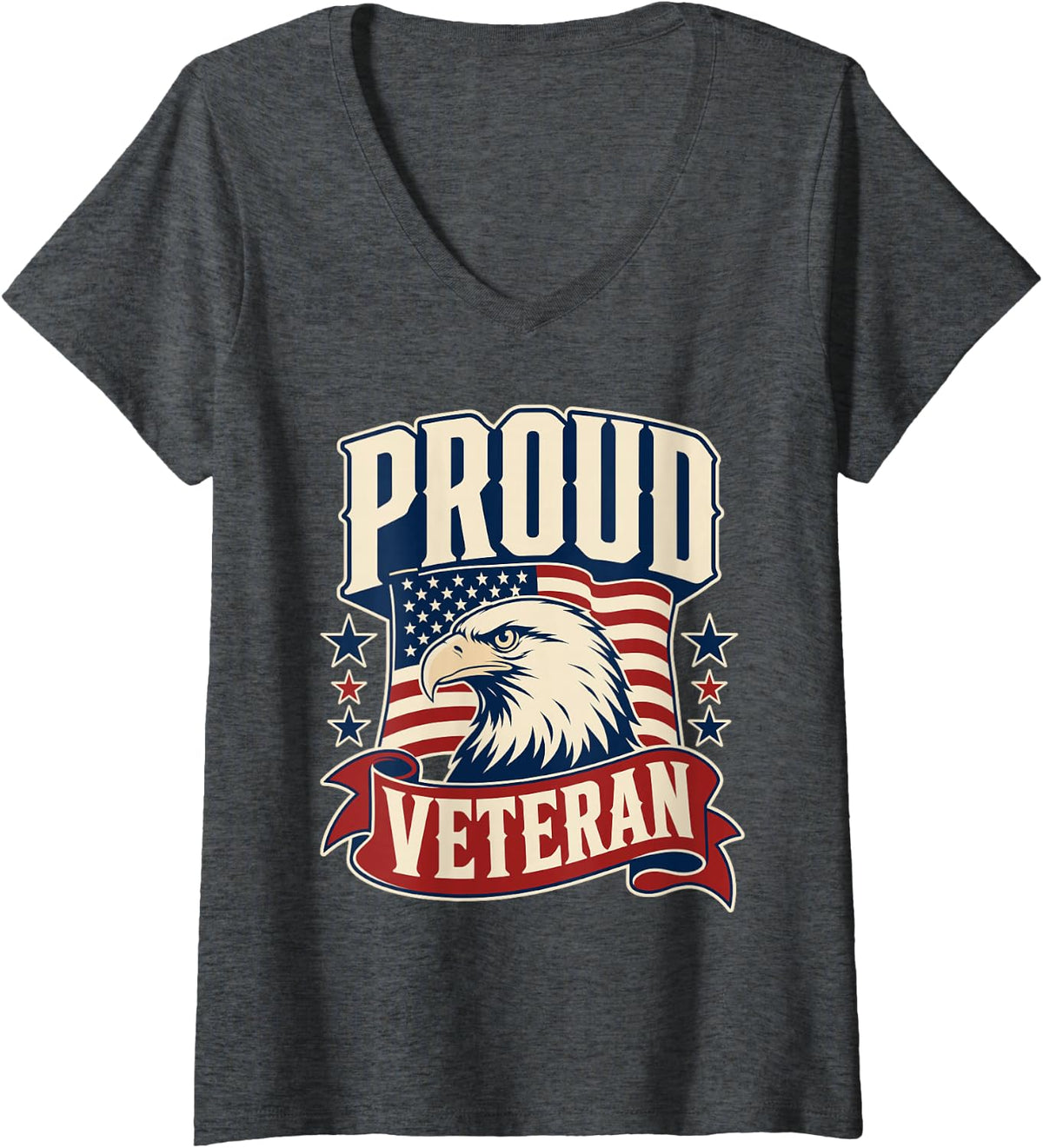 Women's Proud Veteran Bald Eagle Vintage Badge V-Neck T-Shirt - Dark Heather Grey