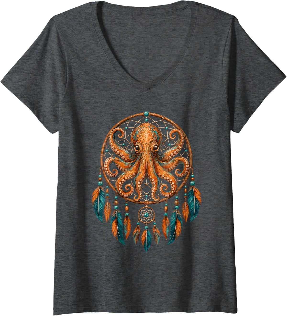 Women's Dreamcatcher Feather Art - Octopus V-Neck T-Shirt - Dark Heather Grey