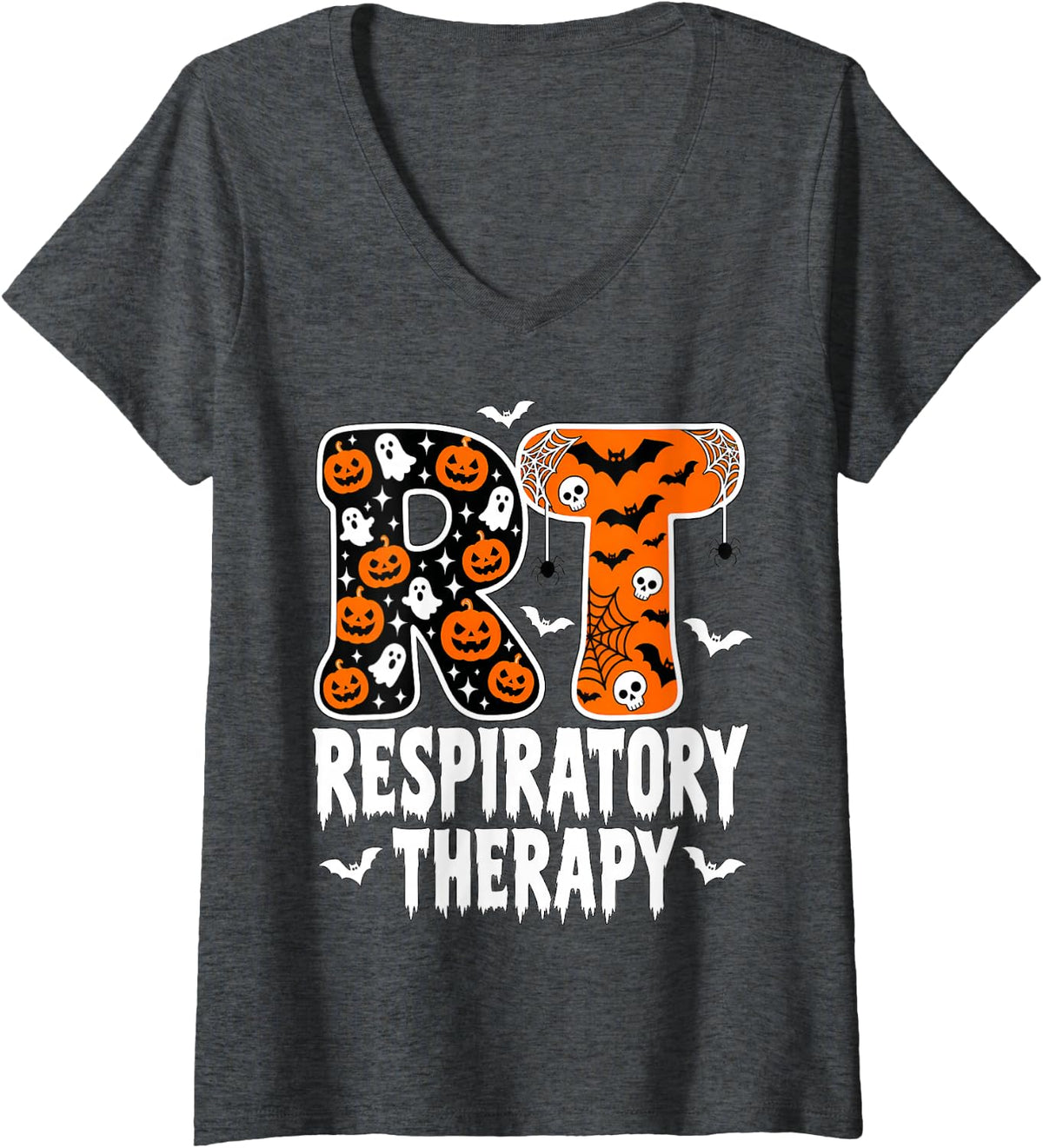 Women's RT Respiratory Therapy Practitioner Nurse Halloween Fall V-Neck T-Shirt - Dark Heather Grey