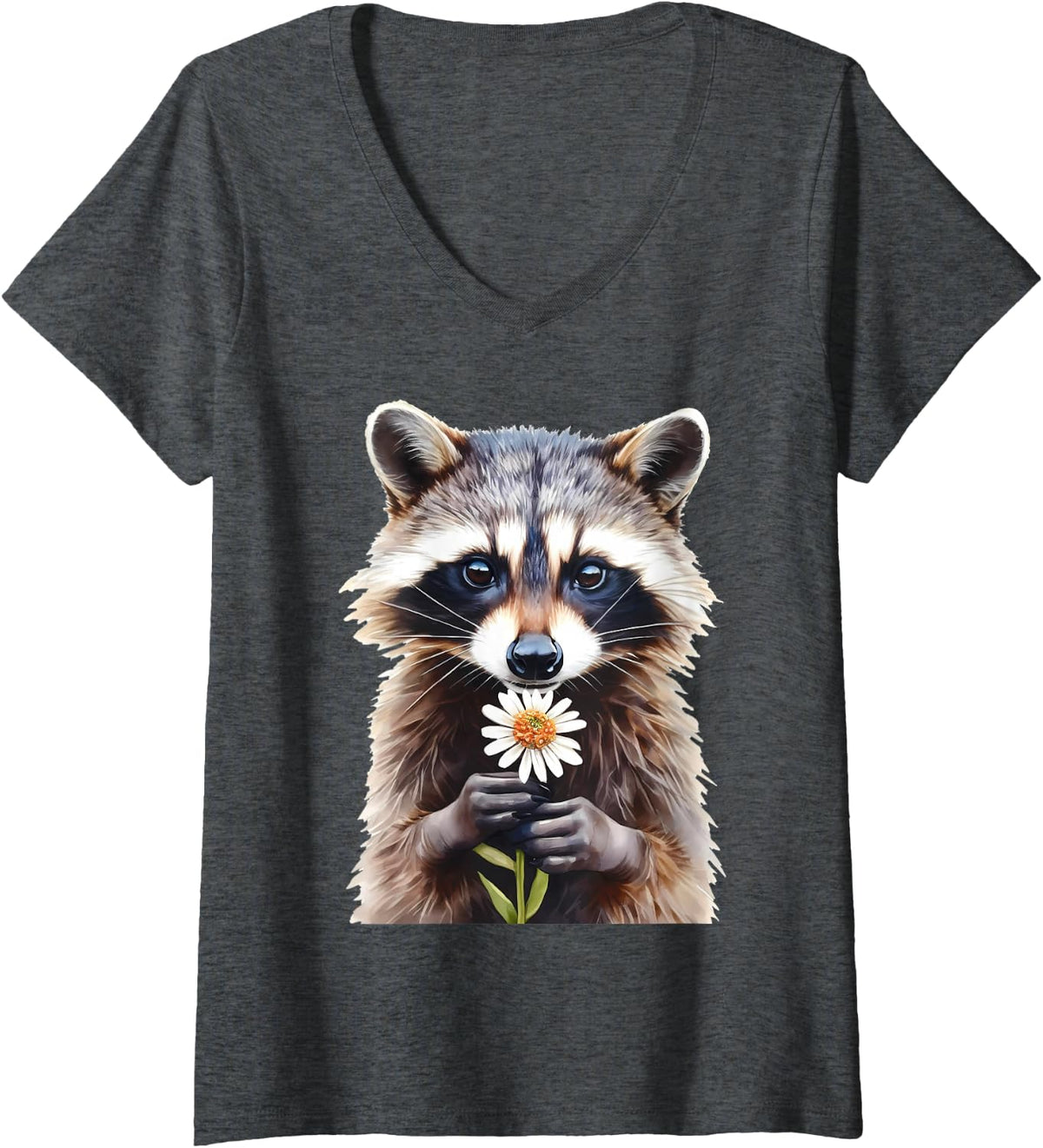 Women's Cute Raccoon Holding Daisy Flower Trash Panda Gardener Lover V-Neck T-Shirt - Dark Heather Grey