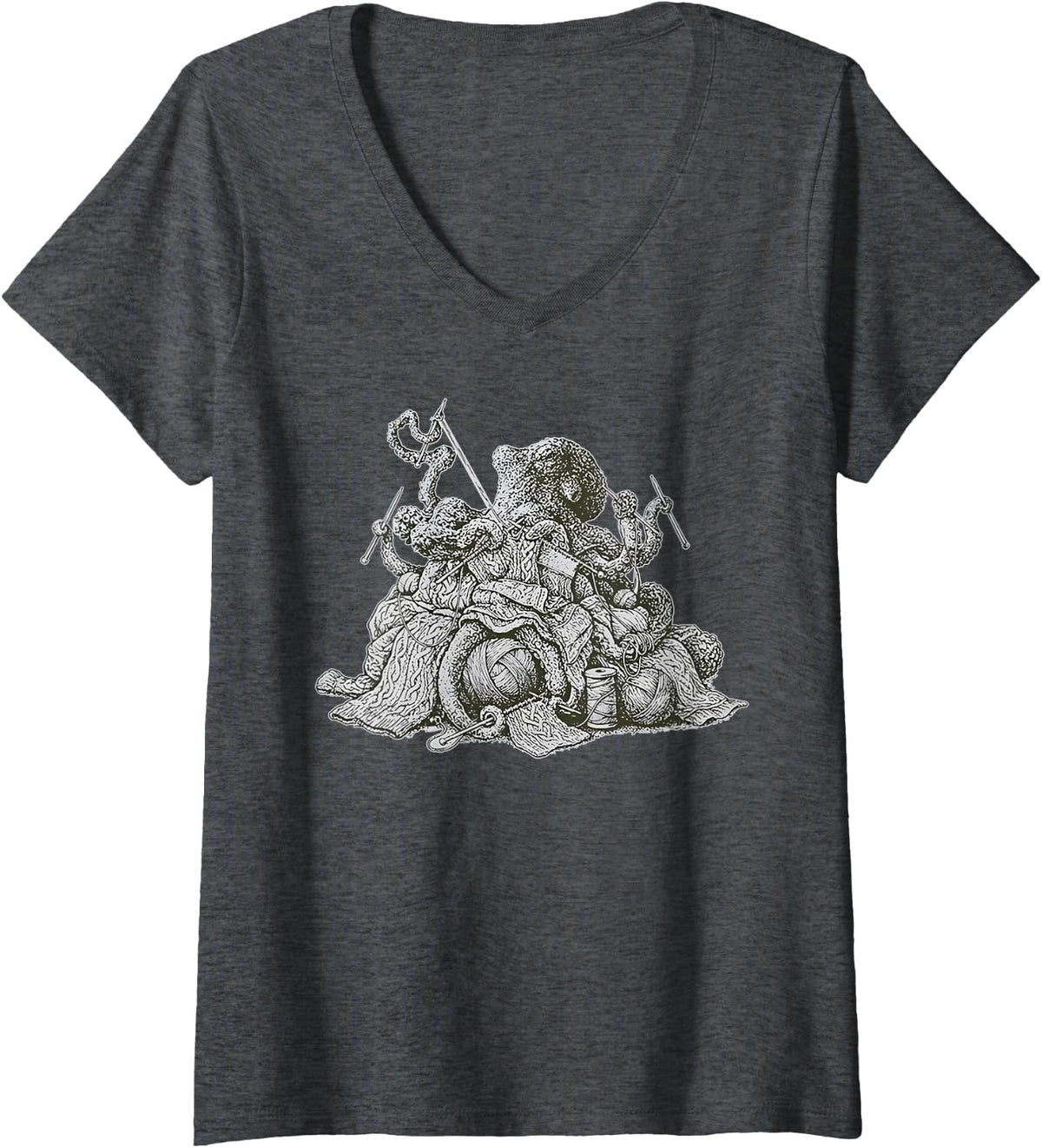 Women's Vintage Octopus Crocheting Knitting Yarn Knitter Crochet V-Neck T-Shirt - Dark Heather Grey