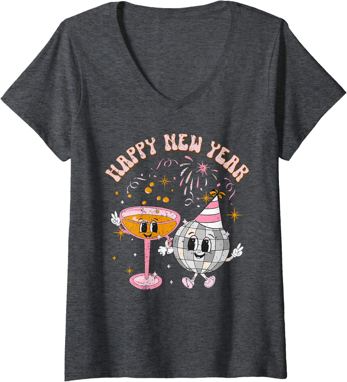 Women's Happy New Year 2025 Disco Ball Wine Glass Cheers Drink Party V-Neck T-Shirt - Dark Heather Grey