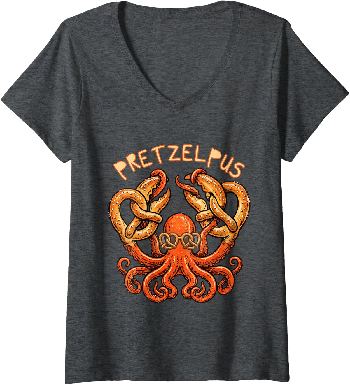Women's Cute Octopus with German Pretzel Funny V-Neck T-Shirt - Dark Heather Grey