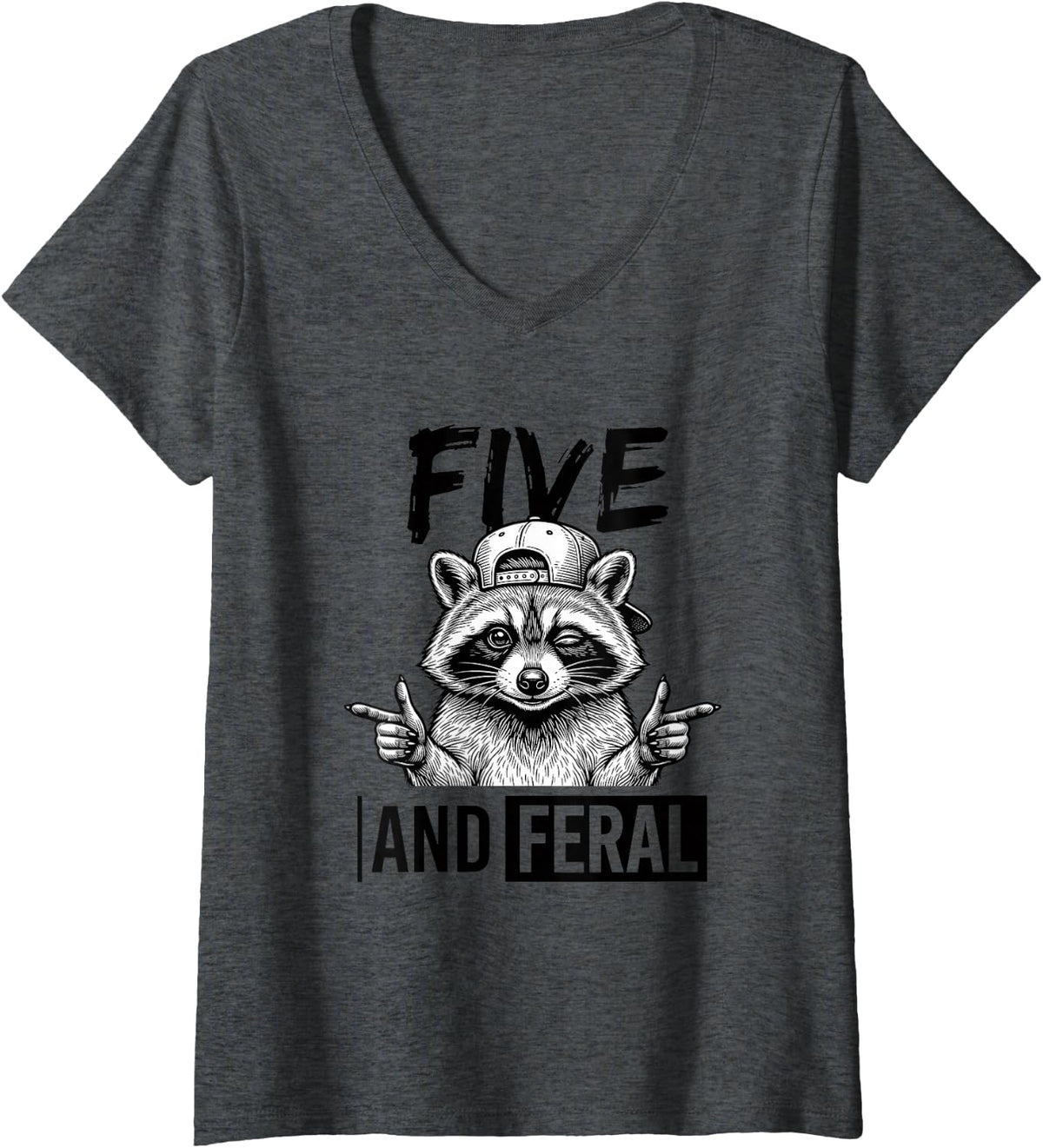 Women's Five and Feral Raccoon 5TH Birthday 5 Year Old Kids V-Neck T-Shirt - Dark Heather Grey