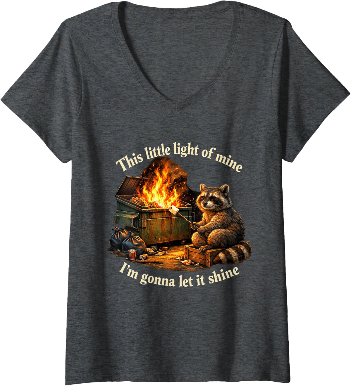 Women's Dumpster Fire Raccoon This Little Light of Mine Funny V-Neck T-Shirt - Dark Heather Grey