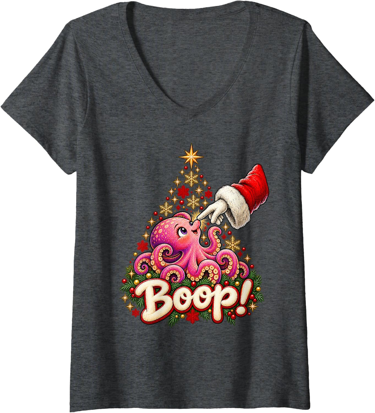 Women's Boop! Adorable Octopus Christmas Nose Boop V-Neck T-Shirt - Dark Heather Grey