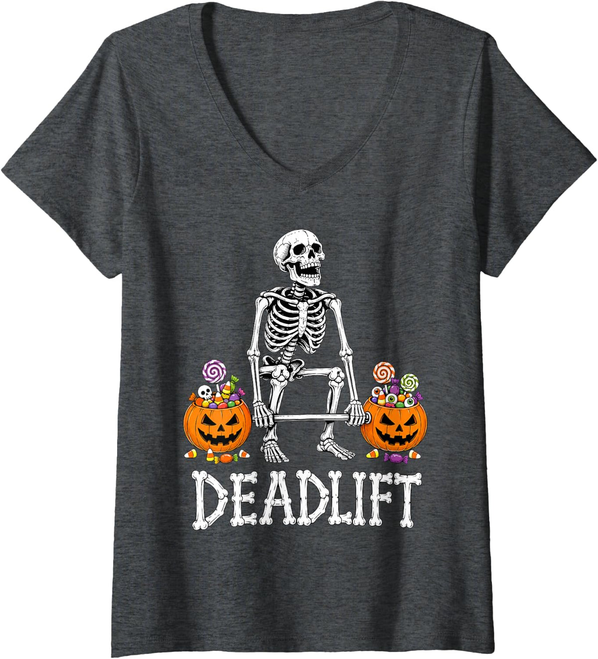 Women's Funny Halloween Deadlift Skeleton Weight Lifting Workout V-Neck T-Shirt - Dark Heather Grey