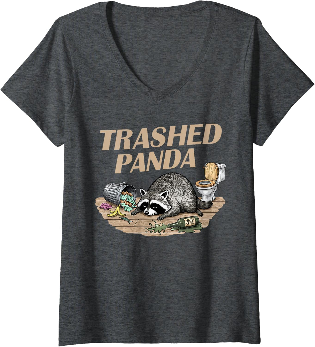 Women's Funny Trashed Panda Racoon Gets Drunk Racoon Meme V-Neck T-Shirt - Dark Heather Grey