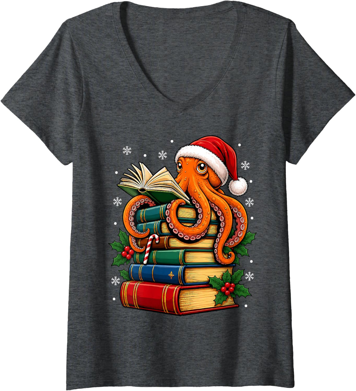 Women's Festive Octopus Christmas Books V-Neck T-Shirt - Dark Heather Grey