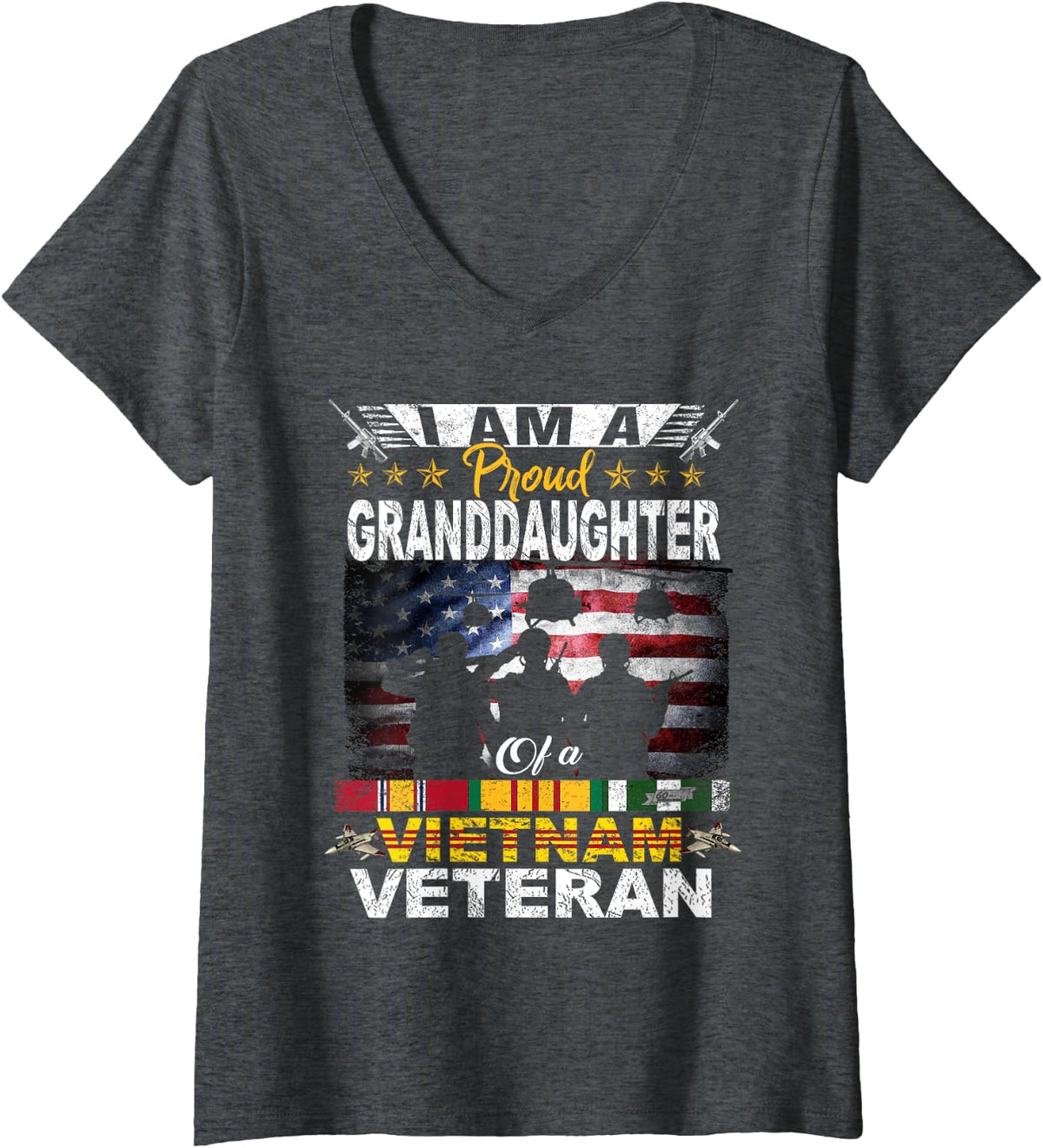 Womens Proud Granddaughter Of A Vietnam Veteran US Flag Veteran Day V-Neck T-Shirt - Dark Heather Grey
