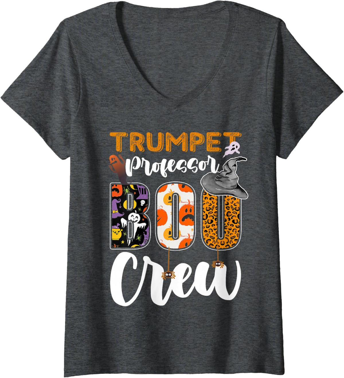 Women's Trumpet Professor Boo Crew Halloween Costume Matching V-Neck T-Shirt - Dark Heather Grey