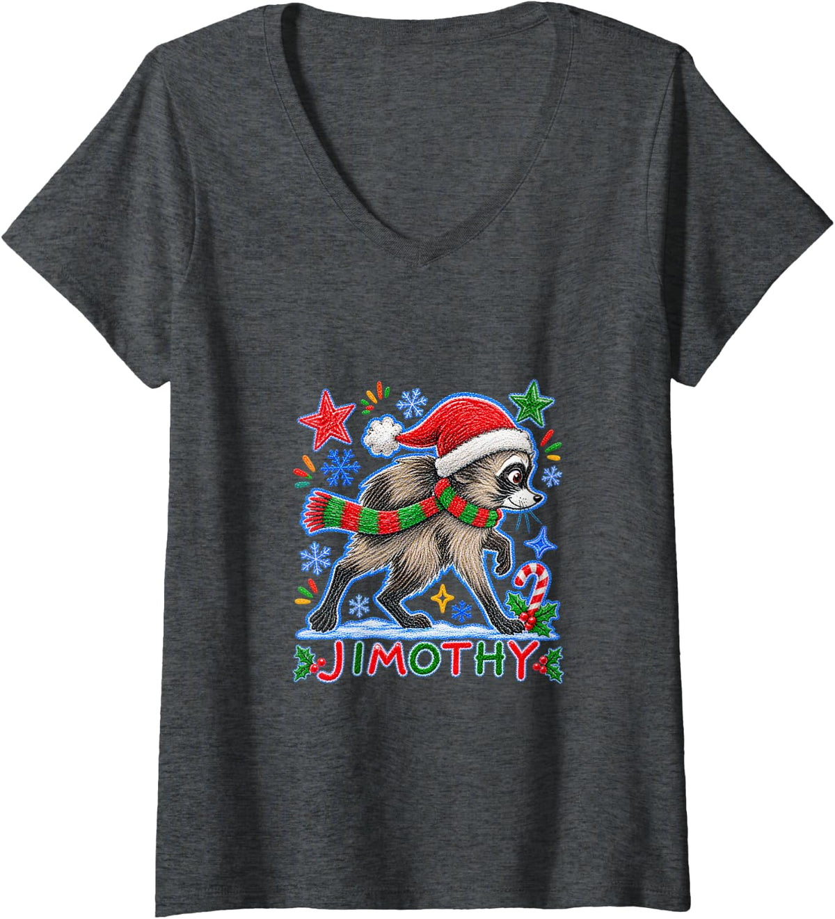 Women's Jimothy Raccoon Cute Santa Holiday Funny Christmas V-Neck T-Shirt - Dark Heather Grey