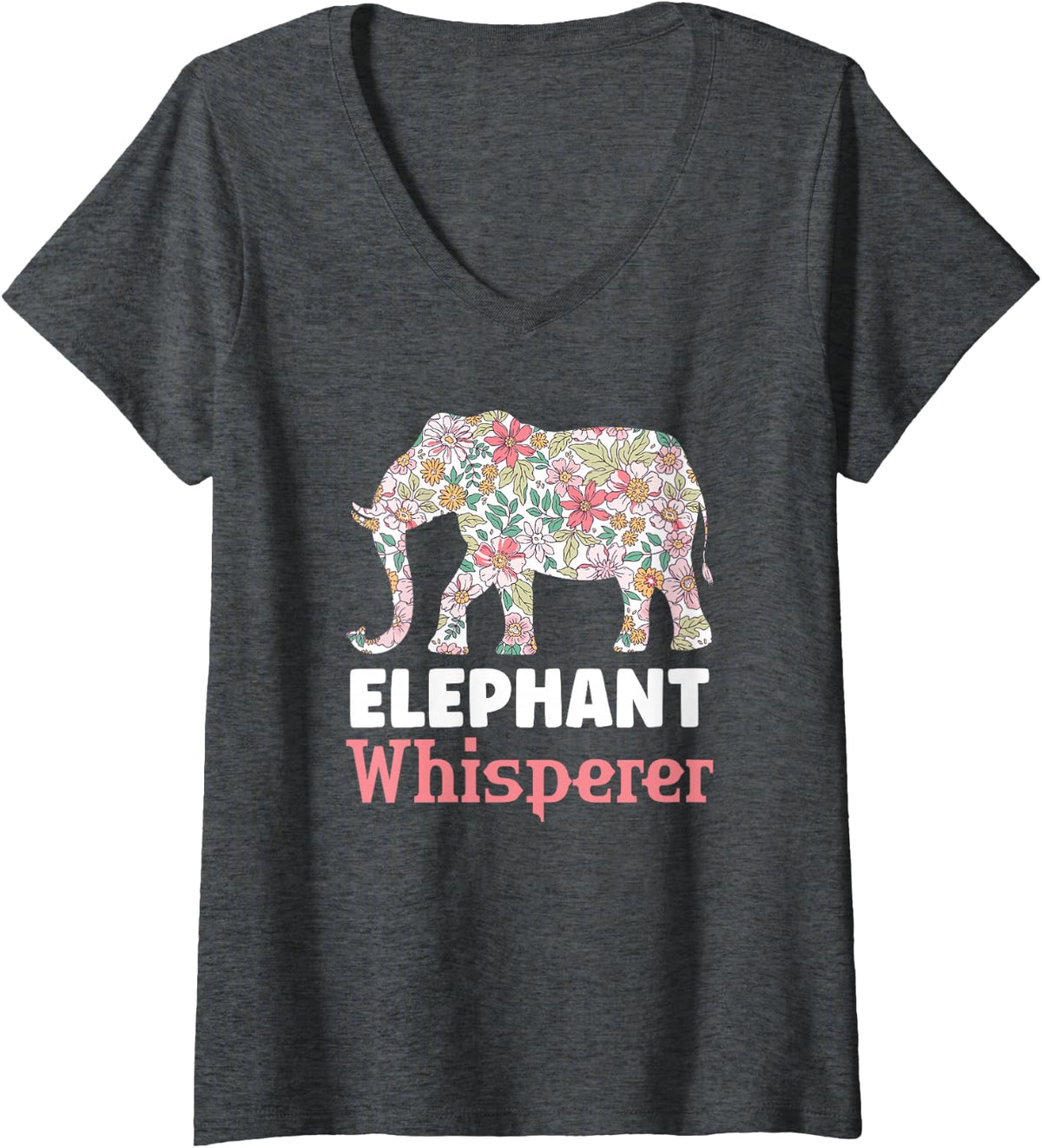 Women's Elephant Whisperer Floral Elephant V-Neck T-Shirt - Dark Heather Grey