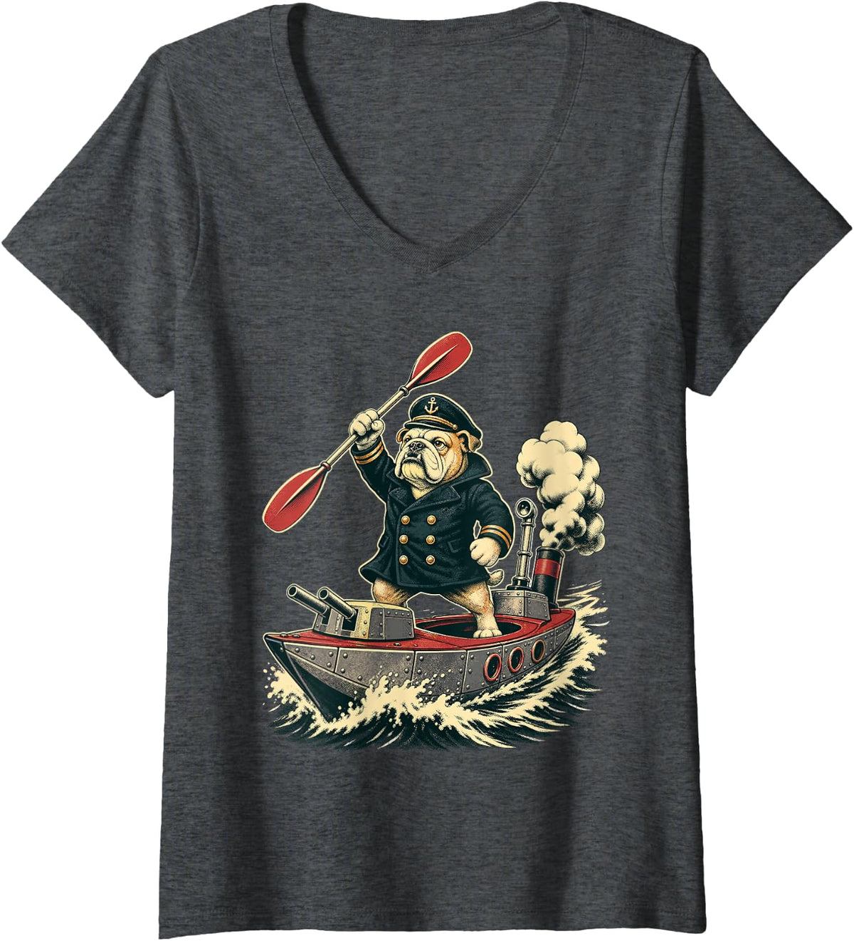 Women's Battleship Kayak Bulldog Captain Kayaking Funny V-Neck T-Shirt - Dark Heather Grey