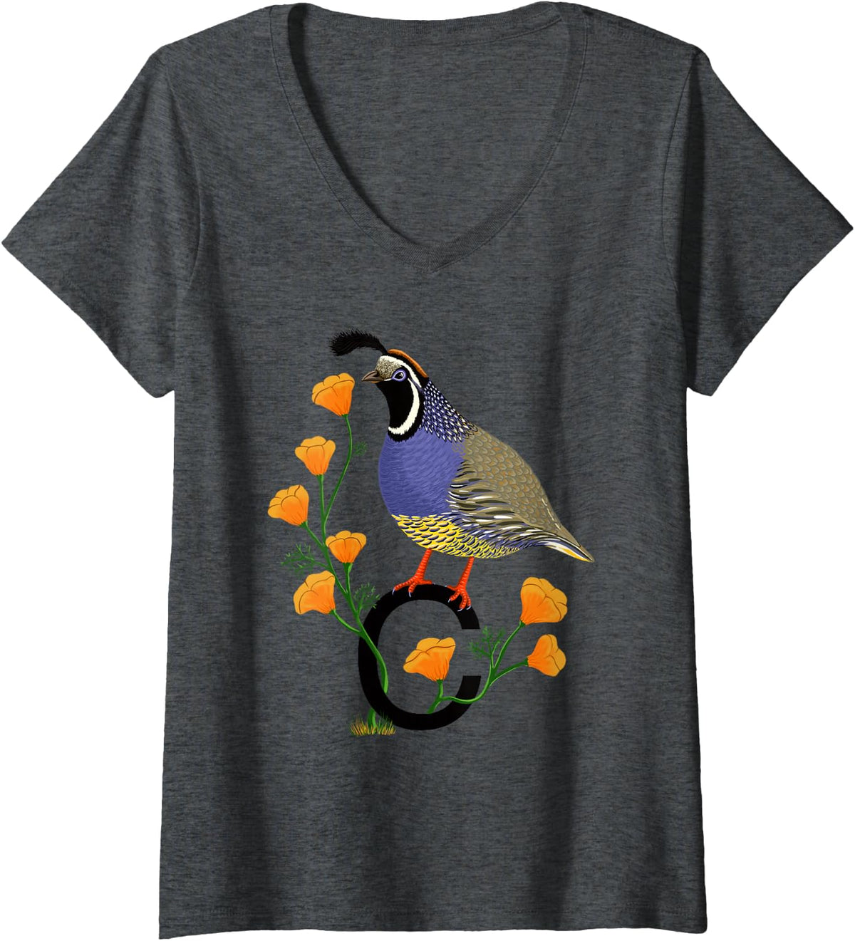 Womens California Quail State Bird Californian Poppy Flowers V-Neck T-Shirt - Dark Heather Grey