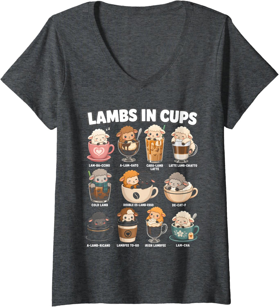Women's Lambs in Cups Funny Coffee Pun Lamb Lover Cute Sheep V-Neck T-Shirt - Dark Heather Grey