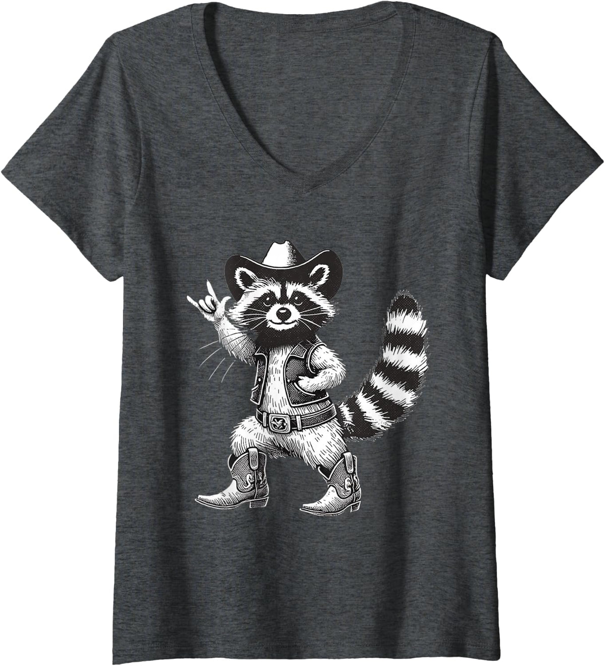 Women's Vintage Raccoon Cowboy Cowgirl Trash Panda Racoon Meme Lover V-Neck T-Shirt - Dark Heather Grey